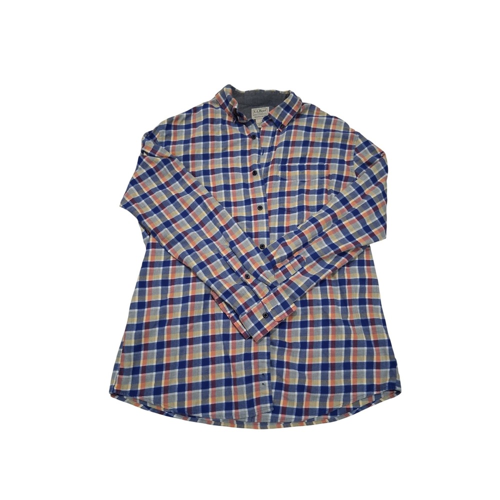 LL Bean Mens Slightly Fitted Plaid Flannel Shirt Blue Orange L-REG 294213